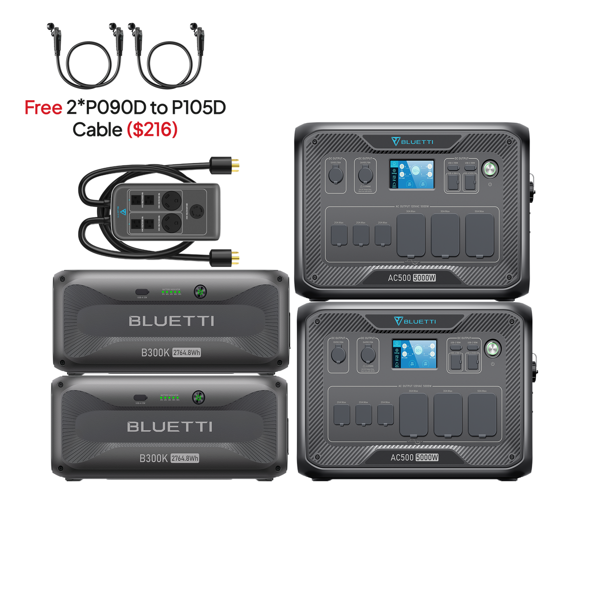 BLUETTI 2*AC500+2*B300K+P030A (Free P090D-P150D Cable) | Home Battery Backup