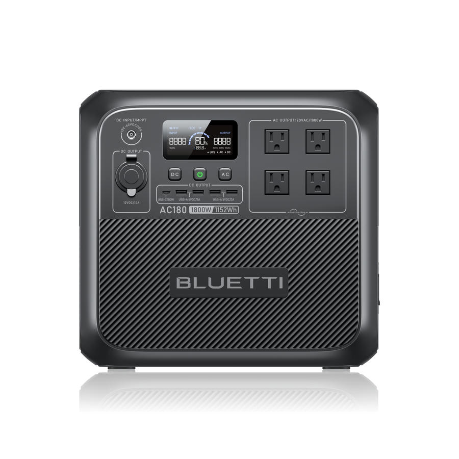 BLUETTI AC180 portable power station, front view showing the LCD display, four AC outlets, USB-C and USB-A ports, and the 12 V DC output