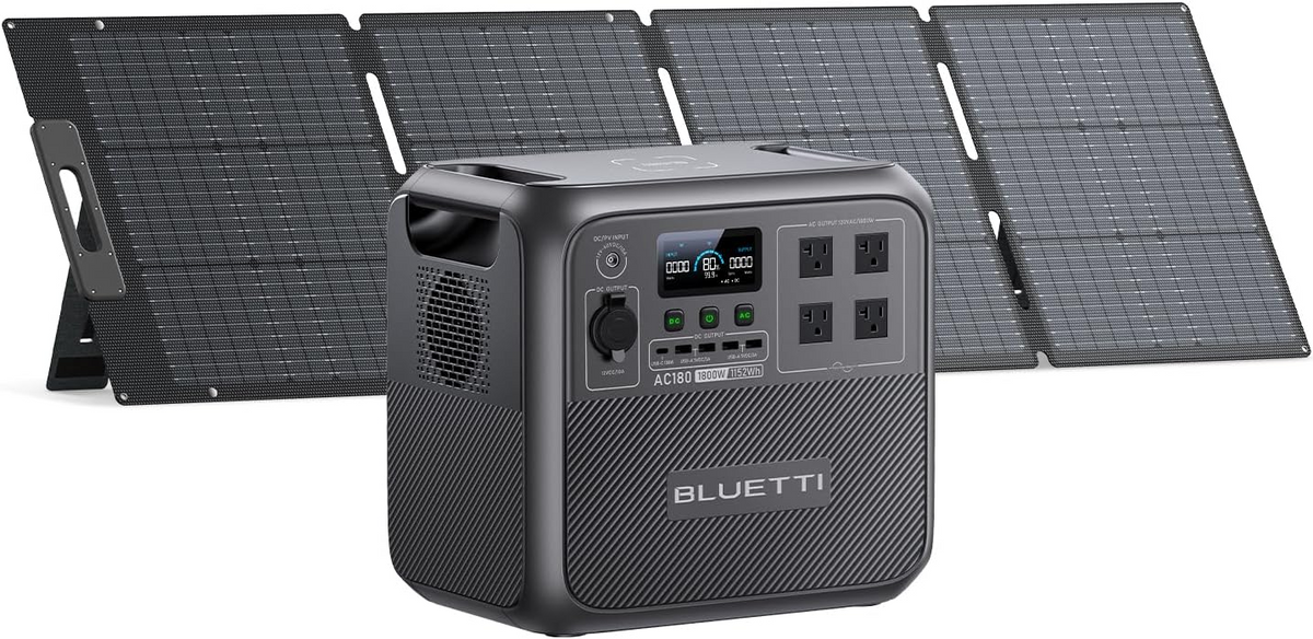 BLUETTI Solar Generator AC180 with 200W Solar Panel (Ships Separately), 1,152Wh Portable Power Station w/ 4 1,800W (2,700W Surge) AC Outlets, LFP Power for Camping, Off-Grid